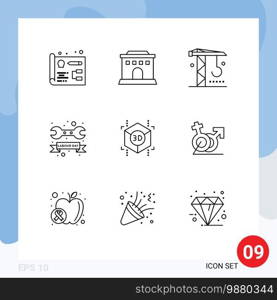 Pack of 9 Modern Outlines Signs and Symbols for Web Print Media such as shape, cube, machinery, day, tool Editable Vector Design Elements