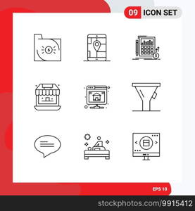 Pack of 9 Modern Outlines Signs and Symbols for Web Print Media such as store, shop, navigation, groceries, investment Editable Vector Design Elements