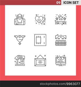 Pack of 9 Modern Outlines Signs and Symbols for Web Print Media such as electronics, chip, black friday, love, heart Editable Vector Design Elements