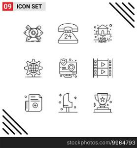 Pack of 9 Modern Outlines Signs and Symbols for Web Print Media such as setting, internet, contact, gear, real Editable Vector Design Elements