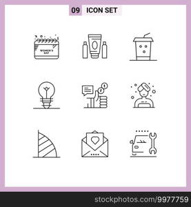 Pack of 9 Modern Outlines Signs and Symbols for Web Print Media such as facebook, social, cola, c&aign, electric Editable Vector Design Elements