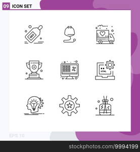 Pack of 9 Modern Outlines Signs and Symbols for Web Print Media such as business, prize, stethoscope, award, trophy Editable Vector Design Elements