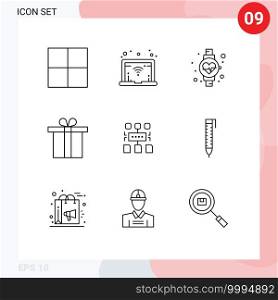 Pack of 9 Modern Outlines Signs and Symbols for Web Print Media such as bag, pencil, gift, pen, user Editable Vector Design Elements