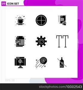 Pack of 9 Modern Solid Glyphs Signs and Symbols for Web Print Media such as setting, gear, notebook, file format, cdr format Editable Vector Design Elements