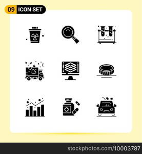 Pack of 9 Modern Solid Glyphs Signs and Symbols for Web Print Media such as code, party, chemistry, transport, delivery Editable Vector Design Elements