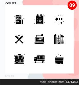 Pack of 9 Modern Solid Glyphs Signs and Symbols for Web Print Media such as computer, bats, options, bat, ball Editable Vector Design Elements