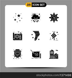 Pack of 9 Modern Solid Glyphs Signs and Symbols for Web Print Media such as paper, blue print, cart, architecture, gear Editable Vector Design Elements