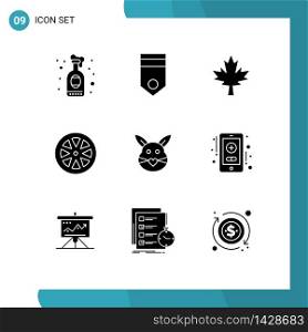 Pack of 9 Modern Solid Glyphs Signs and Symbols for Web Print Media such as bunny, lemon, soldier, healthy, food Editable Vector Design Elements