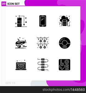 Pack of 9 Modern Solid Glyphs Signs and Symbols for Web Print Media such as garland, ramadan, cloud, islam, cannon Editable Vector Design Elements