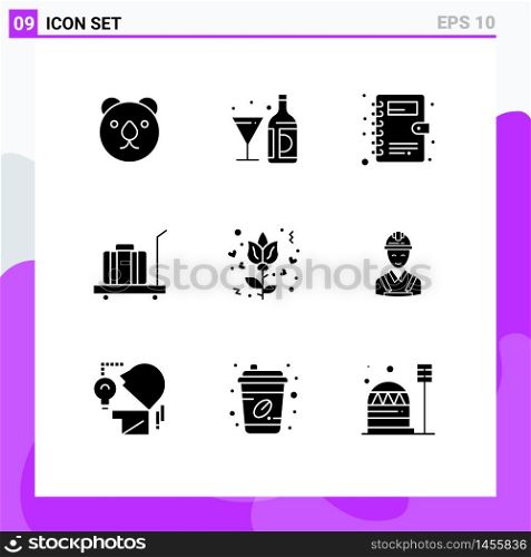 Pack of 9 Modern Solid Glyphs Signs and Symbols for Web Print Media such as rose, flower, book, weight, luggage Editable Vector Design Elements