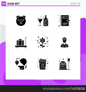 Pack of 9 Modern Solid Glyphs Signs and Symbols for Web Print Media such as rose, flower, book, weight, luggage Editable Vector Design Elements
