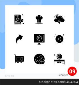 Pack of 9 Modern Solid Glyphs Signs and Symbols for Web Print Media such as contact, direction, hat, up, sun Editable Vector Design Elements