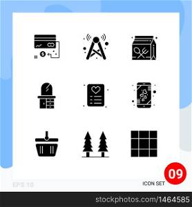 Pack of 9 Modern Solid Glyphs Signs and Symbols for Web Print Media such as dresser, home, network, lunch, education Editable Vector Design Elements