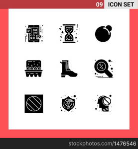 Pack of 9 Modern Solid Glyphs Signs and Symbols for Web Print Media such as running, ingredients, red coin, eggs, baking Editable Vector Design Elements