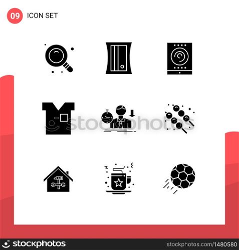 Pack of 9 Modern Solid Glyphs Signs and Symbols for Web Print Media such as sad, failure, streaming, t shirt, fashion Editable Vector Design Elements