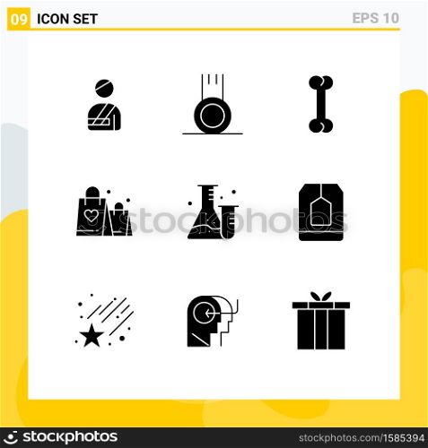 Pack of 9 Modern Solid Glyphs Signs and Symbols for Web Print Media such as science, tube, bone, flask, heart Editable Vector Design Elements