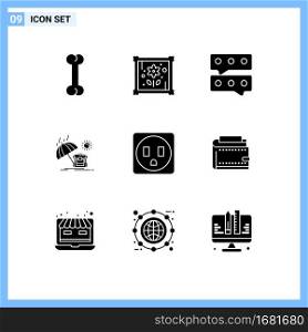 Pack of 9 Modern Solid Glyphs Signs and Symbols for Web Print Media such as money, cash, summer, wallet, electric Editable Vector Design Elements
