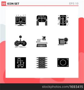 Pack of 9 Modern Solid Glyphs Signs and Symbols for Web Print Media such as gamepad, controller, window, check, q&a Editable Vector Design Elements