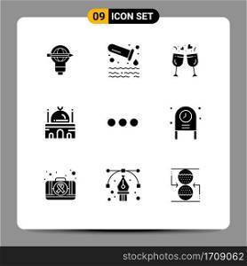 Pack of 9 Modern Solid Glyphs Signs and Symbols for Web Print Media such as place, mosque, tube, islam, wedding Editable Vector Design Elements
