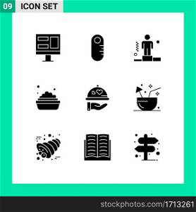 Pack of 9 Modern Solid Glyphs Signs and Symbols for Web Print Media such as coconut, wedding, corporate, love, washing Editable Vector Design Elements