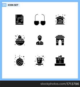 Pack of 9 Modern Solid Glyphs Signs and Symbols for Web Print Media such as construction, worker, auction hammer, food, spaghetti Editable Vector Design Elements