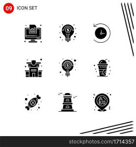 Pack of 9 Modern Solid Glyphs Signs and Symbols for Web Print Media such as light bulb, idea, solution, property, home Editable Vector Design Elements