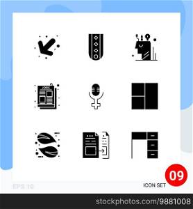 Pack of 9 Modern Solid Glyphs Signs and Symbols for Web Print Media such as microphone, post, art, article, stationary Editable Vector Design Elements