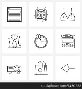 Pack of 9 Universal Line Icons for Web Applications clock, medical, undergarments, heart, donation Vector Illustration