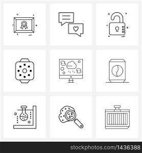 Pack of 9 Universal Line Icons for Web Applications drink, rain, locked, report, sun Vector Illustration