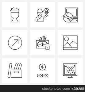 Pack of 9 Universal Line Icons for Web Applications image, safe money, installation, money protection, up right Vector Illustration