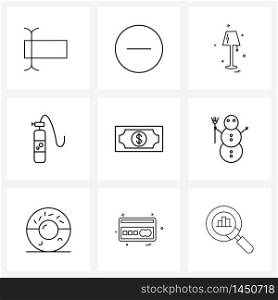 Pack of 9 Universal Line Icons for Web Applications money, cash, light, bill, oxygen tank Vector Illustration