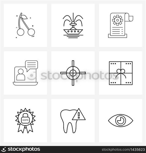 Pack of 9 Universal Line Icons for Web Applications target, log, check, video log, communication Vector Illustration