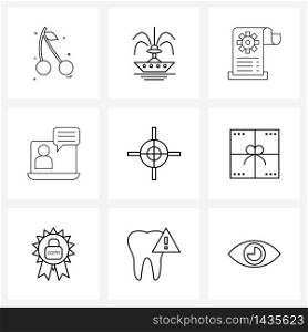 Pack of 9 Universal Line Icons for Web Applications target, log, check, video log, communication Vector Illustration