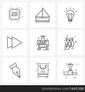 Pack of 9 Universal Line Icons for Web Applications tools, next, sailboat, forward, bulb Vector Illustration