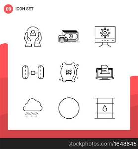 Pack of 9 Universal Outline Icons for Print Media on White Background.. Creative Black Icon vector background