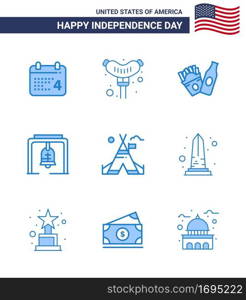 Pack of 9 USA Independence Day Celebration Blues Signs and 4th July Symbols such as american  tent  frise  tent free  christmas bell Editable USA Day Vector Design Elements
