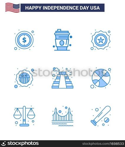 Pack of 9 USA Independence Day Celebration Blues Signs and 4th July Symbols such as ball; usa; american; landmark; american Editable USA Day Vector Design Elements