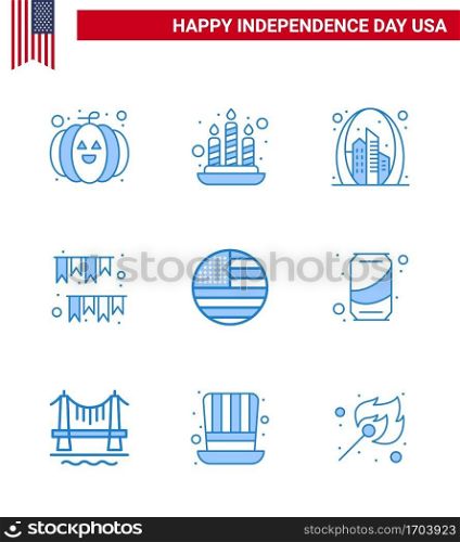 Pack of 9 USA Independence Day Celebration Blues Signs and 4th July Symbols such as flag; party; gate; decoration; garland Editable USA Day Vector Design Elements
