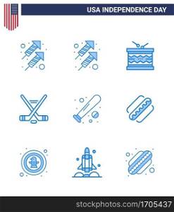 Pack of 9 USA Independence Day Celebration Blues Signs and 4th July Symbols such as usa; bat; st; baseball; american Editable USA Day Vector Design Elements
