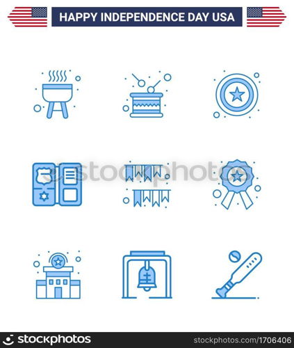 Pack of 9 USA Independence Day Celebration Blues Signs and 4th July Symbols such as buntings; american day; police; star; shield Editable USA Day Vector Design Elements