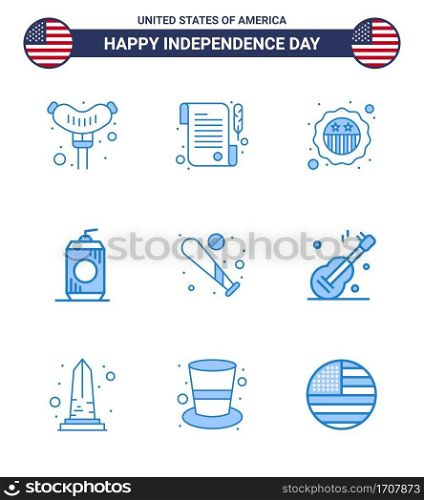Pack of 9 USA Independence Day Celebration Blues Signs and 4th July Symbols such as sports; baseball; badge; ball; drink Editable USA Day Vector Design Elements
