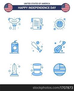 Pack of 9 USA Independence Day Celebration Blues Signs and 4th July Symbols such as sports  baseball  badge  ball  drink Editable USA Day Vector Design Elements