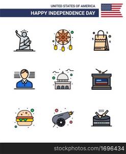 Pack of 9 USA Independence Day Celebration Flat Filled Lines Signs and 4th July Symbols such as house  flag  western  american  american Editable USA Day Vector Design Elements