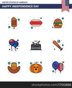 Pack of 9 USA Independence Day Celebration Flat Filled Lines Signs and 4th July Symbols such as music  drum  fast  american  bloons Editable USA Day Vector Design Elements