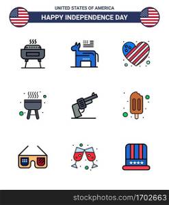 Pack of 9 USA Independence Day Celebration Flat Filled Lines Signs and 4th July Symbols such as weapon  gun  american  cook  barbecue Editable USA Day Vector Design Elements