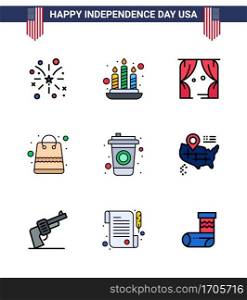 Pack of 9 USA Independence Day Celebration Flat Filled Lines Signs and 4th July Symbols such as drink; bottle; leisure; shop; money Editable USA Day Vector Design Elements