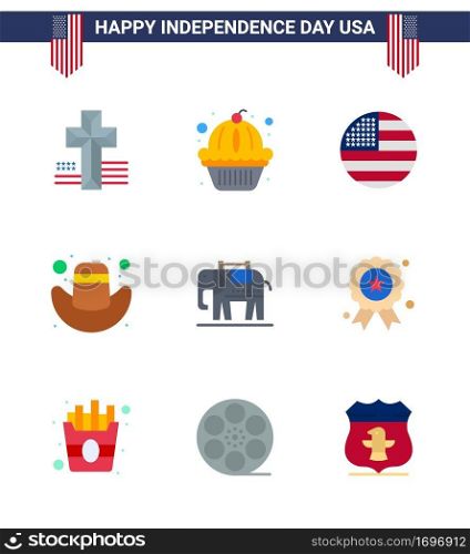 Pack of 9 USA Independence Day Celebration Flats Signs and 4th July Symbols such as holiday; american; flag; elephent; cap Editable USA Day Vector Design Elements