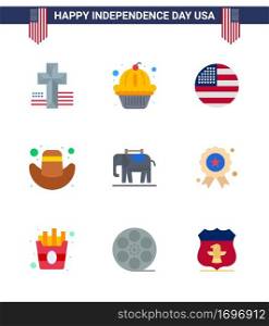 Pack of 9 USA Independence Day Celebration Flats Signs and 4th July Symbols such as holiday  american  flag  elephent  cap Editable USA Day Vector Design Elements