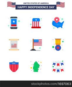 Pack of 9 USA Independence Day Celebration Flats Signs and 4th July Symbols such as usa  text  hat  scroll  wisconsin Editable USA Day Vector Design Elements