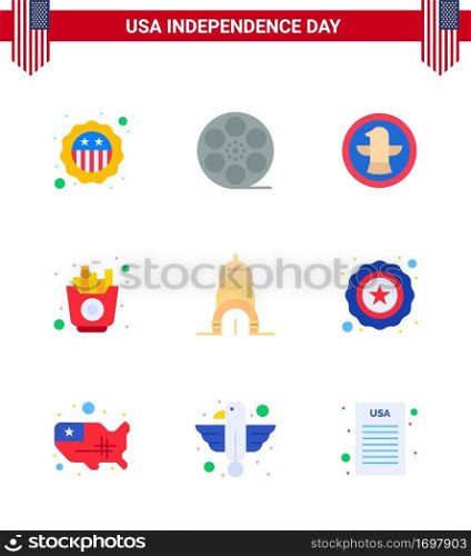 Pack of 9 USA Independence Day Celebration Flats Signs and 4th July Symbols such as building  chips  american  fries  fast Editable USA Day Vector Design Elements